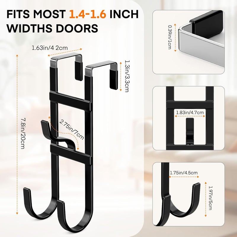 FYY Over The Door Hooks - 2 Pack Heavy Duty Triple-Hook Organizer Hanger with Non-Slip Rubber for Towels, Clothes, Hats & Bags Use in Bathroom, Bedroom, Kitchen - Fits Interior Doors Up to 1.6" Black - Image 2